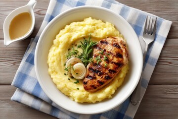 Grilled chicken atop creamy mashed potatoes garnished with fresh