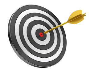 Golden arrow hitting bullseye on black and white dartboard represents success and accuracy achieving target goals