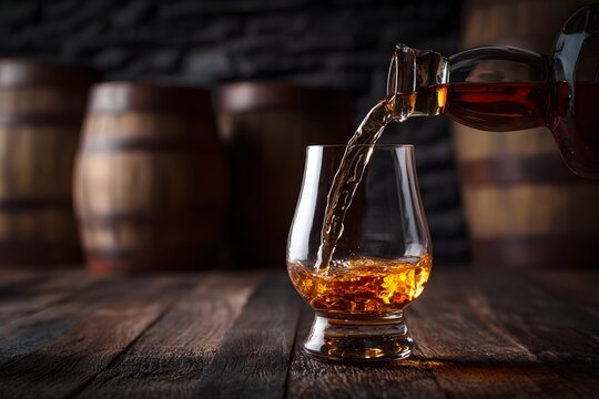 Golden, smooth scotch gleams in a sparkling crystal amidst warm rustic barrels.