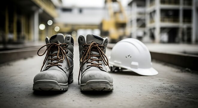 Safety work boots and white hard hat on a concrete floor in a construction zone. Concept for worker protection and industrial safety at a job site.