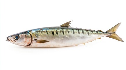 Naklejka premium Ocean's Silver Jewel: A vibrant, freshly caught mackerel fish gleams under the light, showcasing its intricate patterns and sleek form, a testament to the bounty of the sea. 