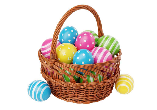 Colorful easter eggs in a basket with pastel-colored eggs scattered around isolated on transparent background