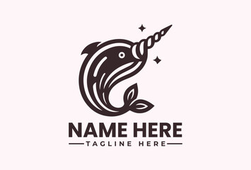 A stylized narwhal logo with a unicorn horn surrounded by sparkles on a pale background, with space for a custom name and tagline. © vectorvovdesign