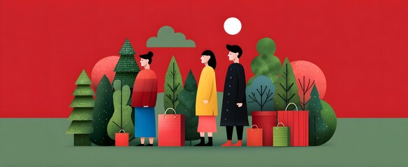 Fototapeta premium The festive shopping event sparkles like holiday magic with seasonal elements and icons.