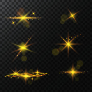 Sparkling star, sunburst particles, golden shimmering bokeh lights and sequins.