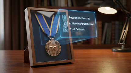 Golden medal with blue ribbon in wooden display case on desk with virtual achievement badges