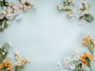 Obraz premium Soft Blue Floral Frame with Blossom Border and Copy Space