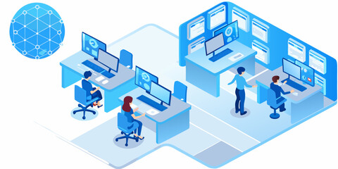Isometric illustration of a modern office space with data network visualization © Bithi