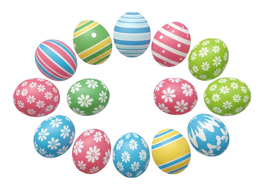 Assorted colorful easter eggs arranged in a decorative pattern on a white background isolated on transparent background