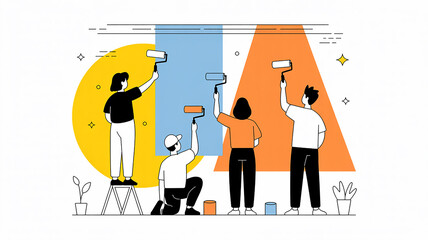 People painting a wall with geometric shapes and rollers in flat design style team