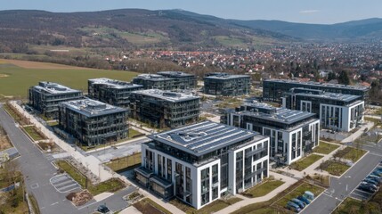 Obraz premium Modern Business Complex with Solar Panels and Scenic Landscape in Urban Area Surrounded by Mountains and Green Fields