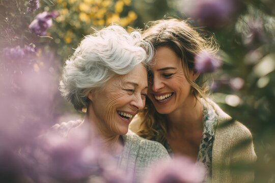 laughing senior woman with adult daughter in flower garden enjoying family time