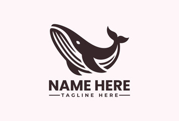 Obraz premium A simple black whale logo with a customizable name and tagline on a light pink background, featuring a vector illustration style with a minimalist design.