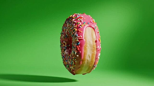 Sweet pink frosted donut with colorful sprinkles floating against a vibrant green background