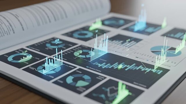 A video showcasing various data visualization graphs and charts displayed on a tablet screen in a modern workspace.