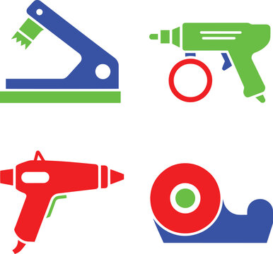 Industrial office tool collection including stapler glue gun spray bottle and tape roller