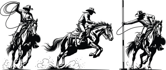 Western cowboy riding horse performing lasso roping action set, vintage engraved ranch rodeo illustration isolated vector collection © Mashrafi Saba 