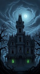 Obraz premium Mysterious haunted house under a full moon in a spooky nighttime forest setting