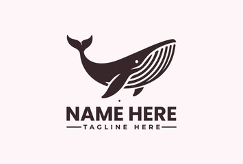 Fototapeta premium A dark brown vector illustration of a whale with a customizable name and tagline on a light pink background, featuring a logo and pictogram design.