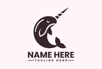 A minimalist illustration of a narwhal logo with a horn on a light pink background, featuring placeholder text for a name and tagline. © vectorvovdesign