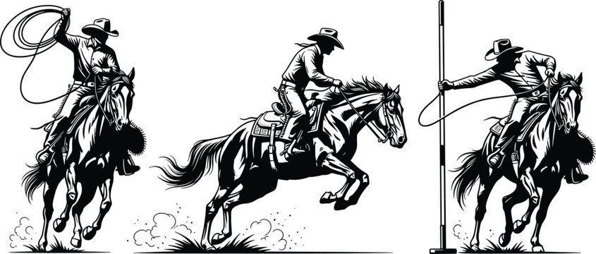 Western cowboy riding horse performing lasso roping action set, vintage engraved ranch rodeo illustration isolated vector collection