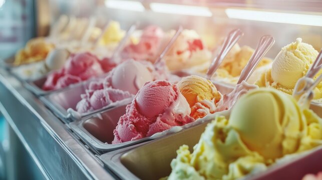 Ice cream displayed in factory with various flavors ready for customers to enjoy