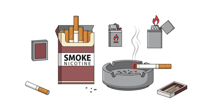 An assortment of smoking items including an open cigarette pack, a lit cigarette in an ashtray, and two lighters are arranged on a clean white background.