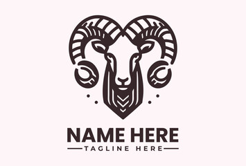 A minimalist vector illustration of a stylized ram's head logo with curved horns and a beard on a light pink background, featuring placeholder text for a name and tagline.