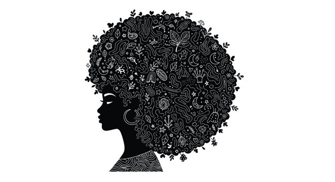 A striking black silhouette of a woman's head in profile features her voluminous afro hair intricately patterned with leaves, insects, and abstract designs on a white canvas.