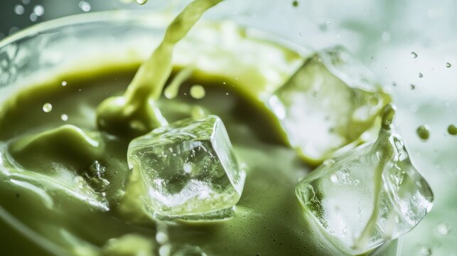 Macro matcha latte with ice cubes splashing in soft light showing rich texture and vibrant colors