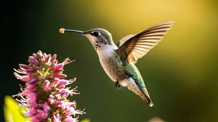 Fototapeta premium Hummingbird perches on flower with its beak open at daytime in garden with colorful blooms