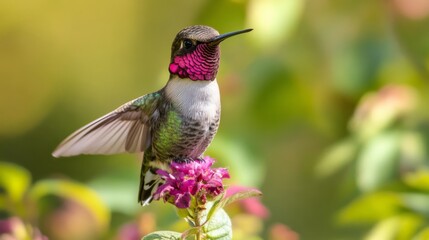 Fototapeta premium Hummingbird perches on flower with open beak and wings slightly raised in vibrant natural setting
