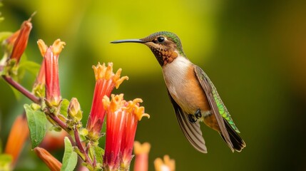 Hummingbird perches on bright flower with its beak open while surrounded by vibrant greenery in the afternoon sun