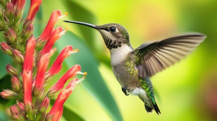 Fototapeta premium Hummingbird resting on a red flower with its beak open during warm sunlight in a garden