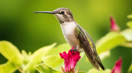 Fototapeta premium Hummingbird perched on a flower with beak open during daylight in a garden setting