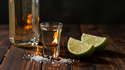Cinco de Mayo festive tequila shot with fresh lime and salt on wood
