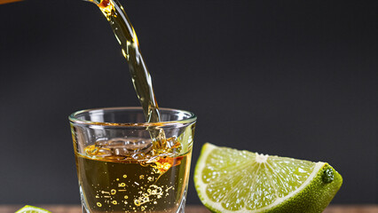 Tequila pouring into glass with lime for Cinco de Mayo festivity