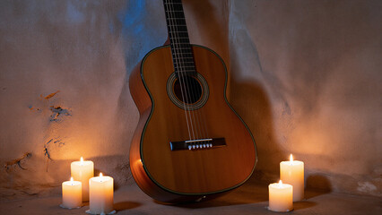 Cinco de Mayo guitar and lit candles creating a warm festive ambiance