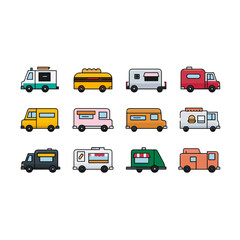 Colorful food trucks lined up, showcasing diverse cuisines