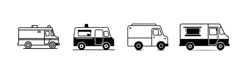 Stylized food trucks lined up, showcasing variety and unique
