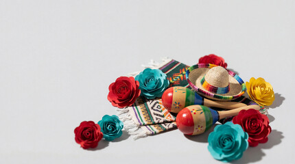 Cinco de Mayo festive decorations with sombrero, maracas, flowers
