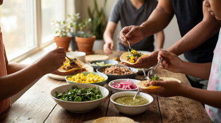Family making tacos together for Cinco de Mayo