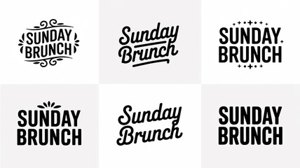 Six diverse typography designs for the phrase Sunday Brunch in black lettering calligraphy