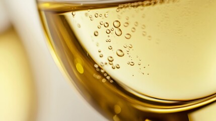 Naklejka premium Macro shot showcasing bubbles in a glass of white wine on a simple background in a relaxed setting during evening hours