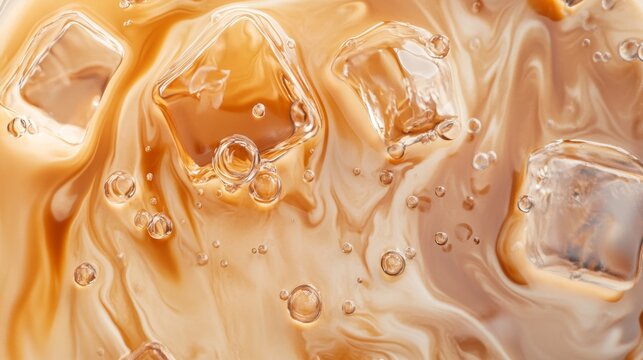 Refreshing iced latte with creamy swirl and melting ice cubes in a close-up view highlighting rich coffee tones