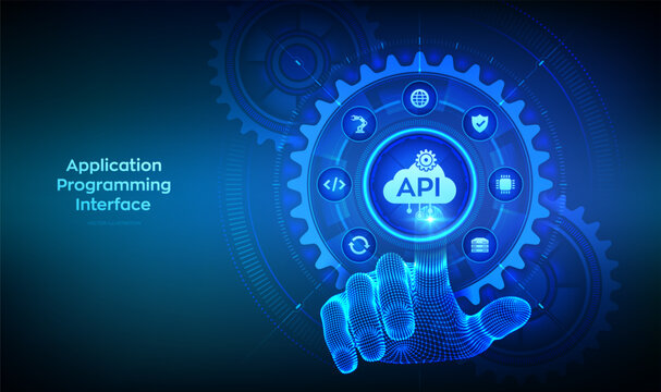 API. Application Programming Interface. Software development tool, cloud computing technology concept. Hand touching digital interface with interconnected gears and icons. Vector illustration.