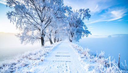 Snowy path through a tunnel of frost-covered trees under a blue sky Keywords: winter, snow