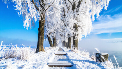 Snowy path between trees covered in frost leading towards a misty horizon Keywords: winter, snow