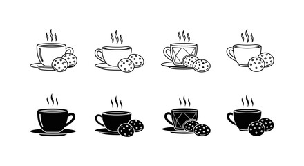 A collection of coffee cup icons paired with cookies, showing various styles and detailed outlines in black and white.