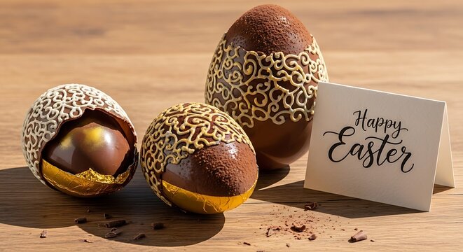 Luxury chocolate Easter eggs golden pattern Happy Easter card